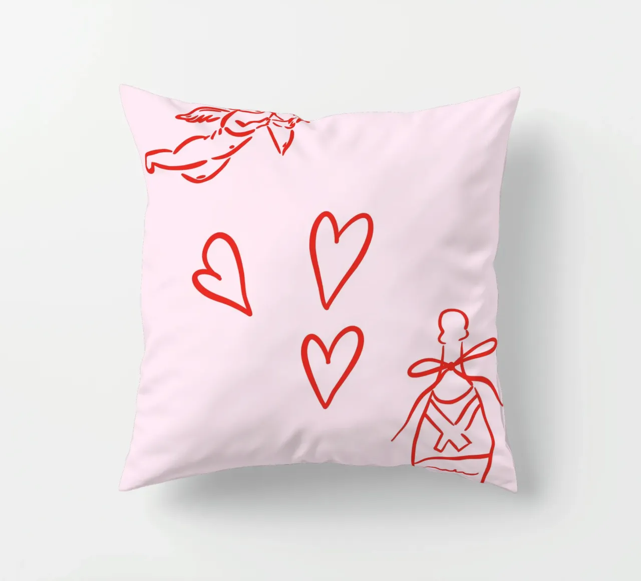 Cupid, Hearts, Champagne Drawing Illustration, Pink Wall Art decorative cushion by Coquette Club