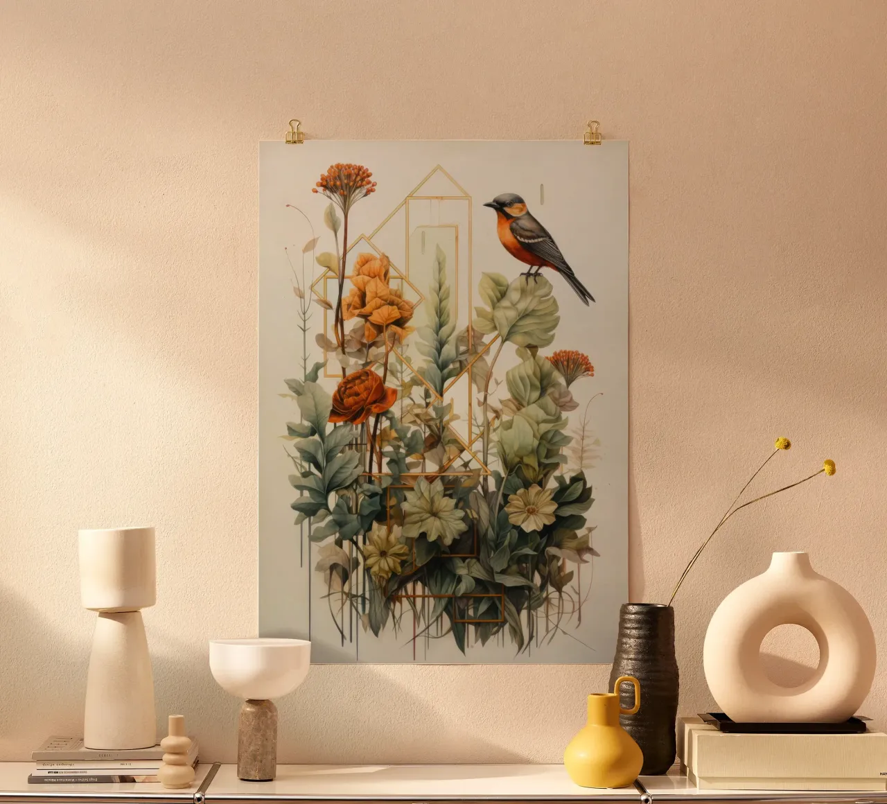 Fiori Uccello Acquerello poster con telaio in alluminio da PosterPrint