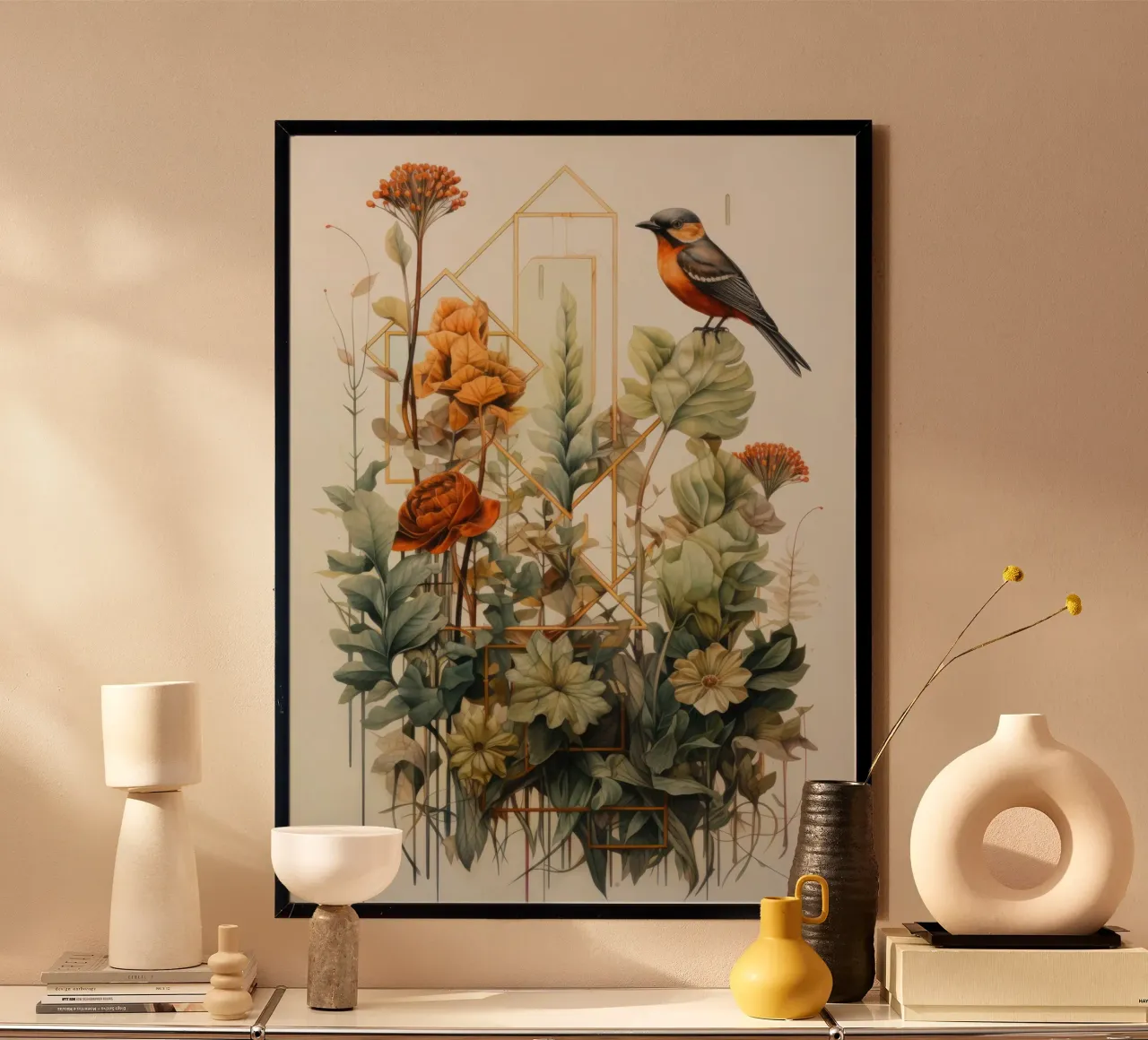 Fiori Uccello Acquerello poster con telaio in alluminio da PosterPrint