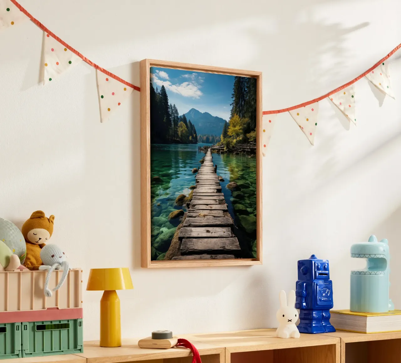 Houten loopbrug in het bergmeer canvas met Baklijst van PosterPrint