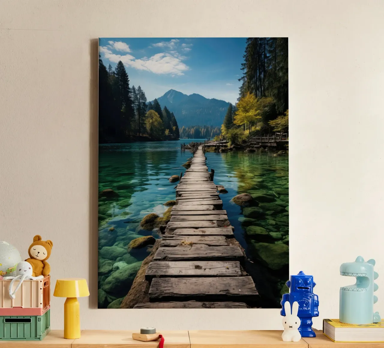 Houten loopbrug in het bergmeer canvas met Baklijst van PosterPrint