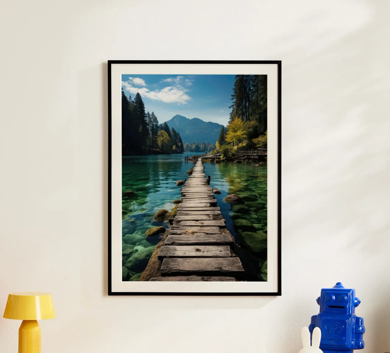 Passerella di legno nel lago di montagna poster con telaio in alluminio da PosterPrint