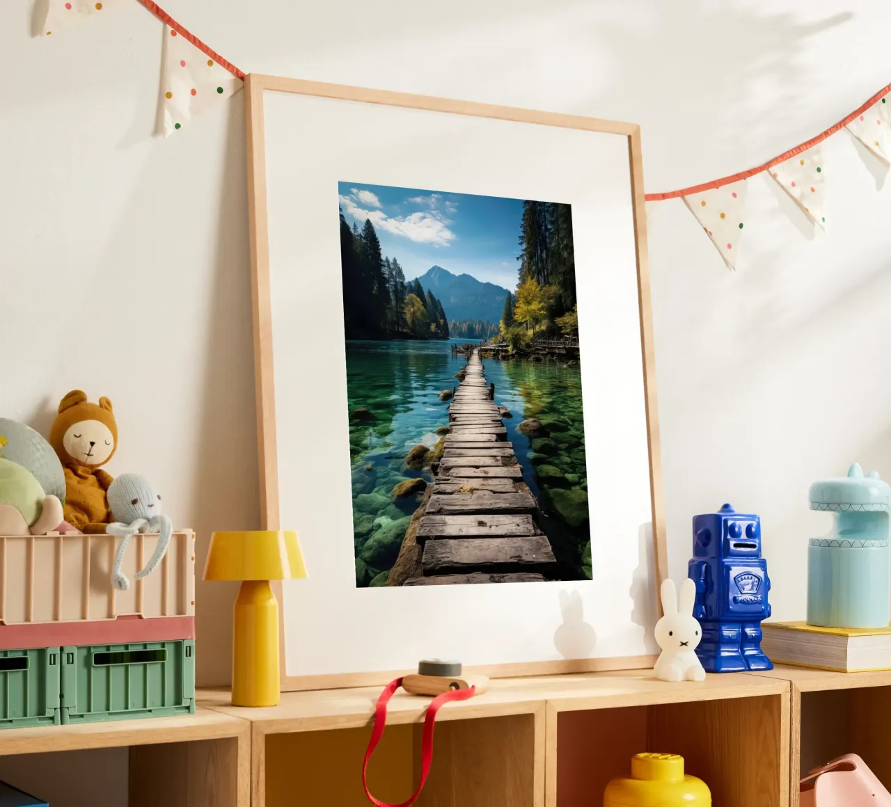 Passerella di legno nel lago di montagna poster con telaio in alluminio da PosterPrint