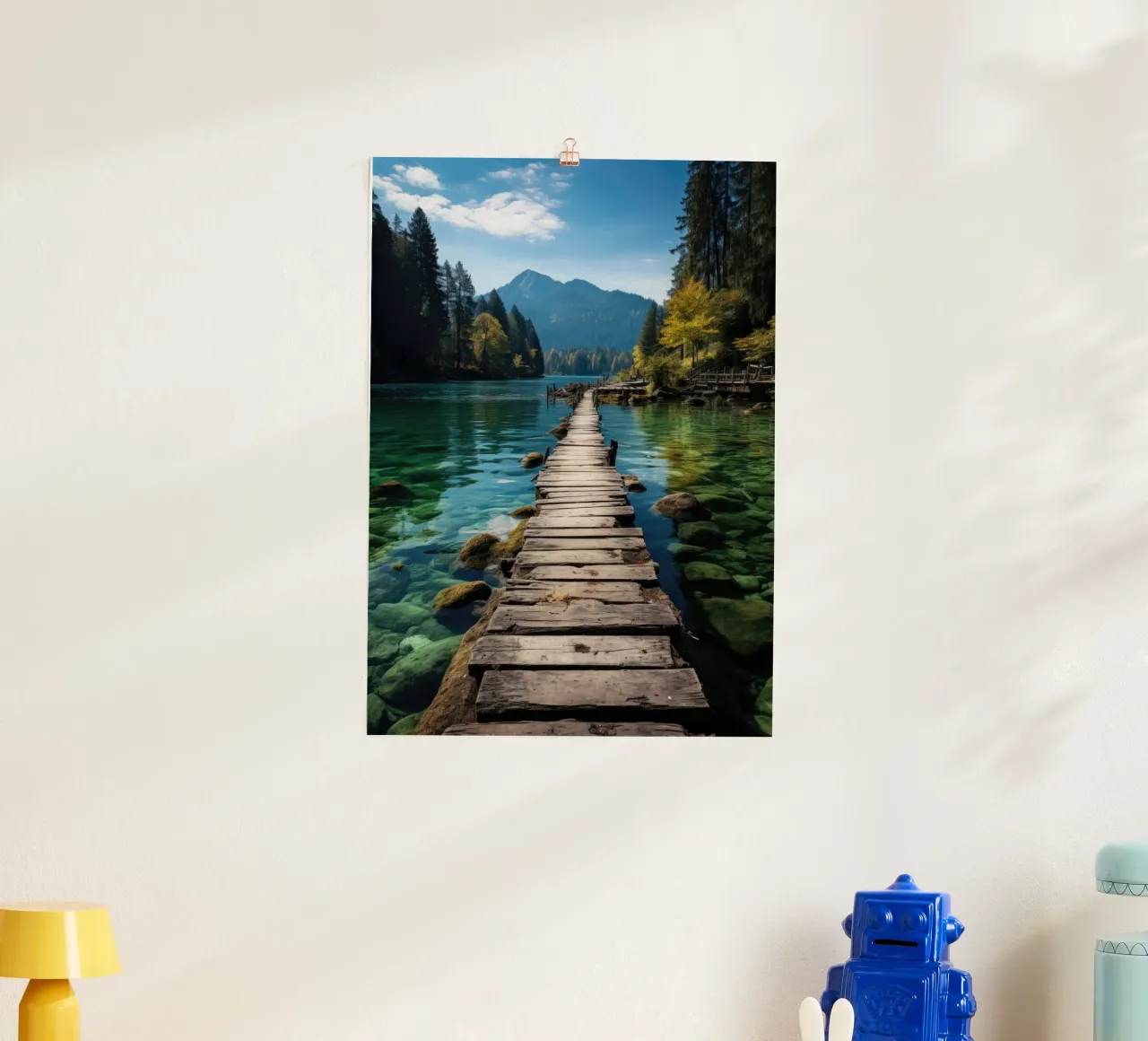 Passerella di legno nel lago di montagna poster con telaio in alluminio da PosterPrint