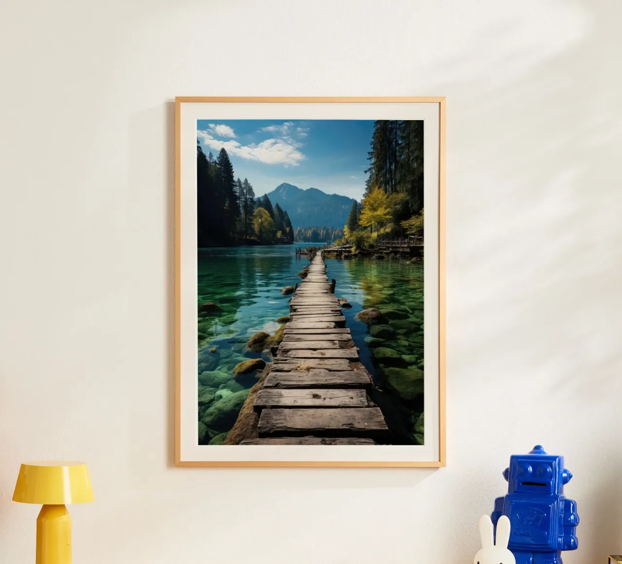 Passerella di legno nel lago di montagna poster con telaio in alluminio da PosterPrint