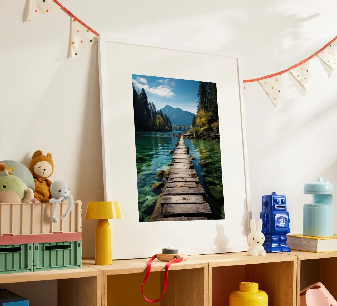 Passerella di legno nel lago di montagna poster con telaio in alluminio da PosterPrint