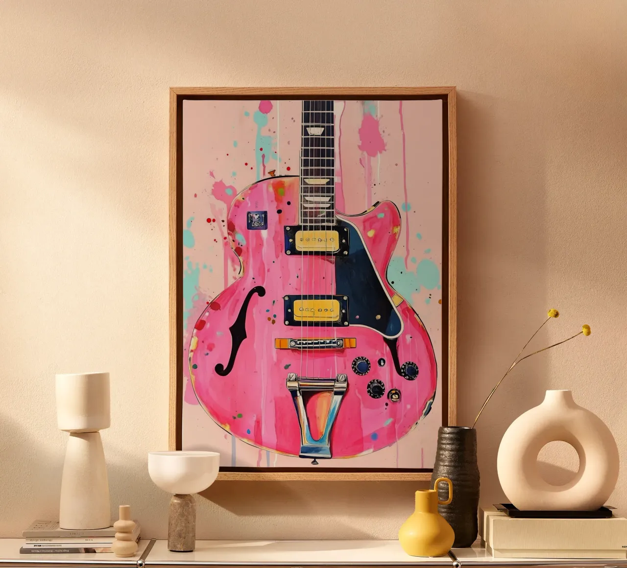 Chitarra acquerello rosa arte musicale tela con Cornice a cassetta da Justyna Jaszke JBJart