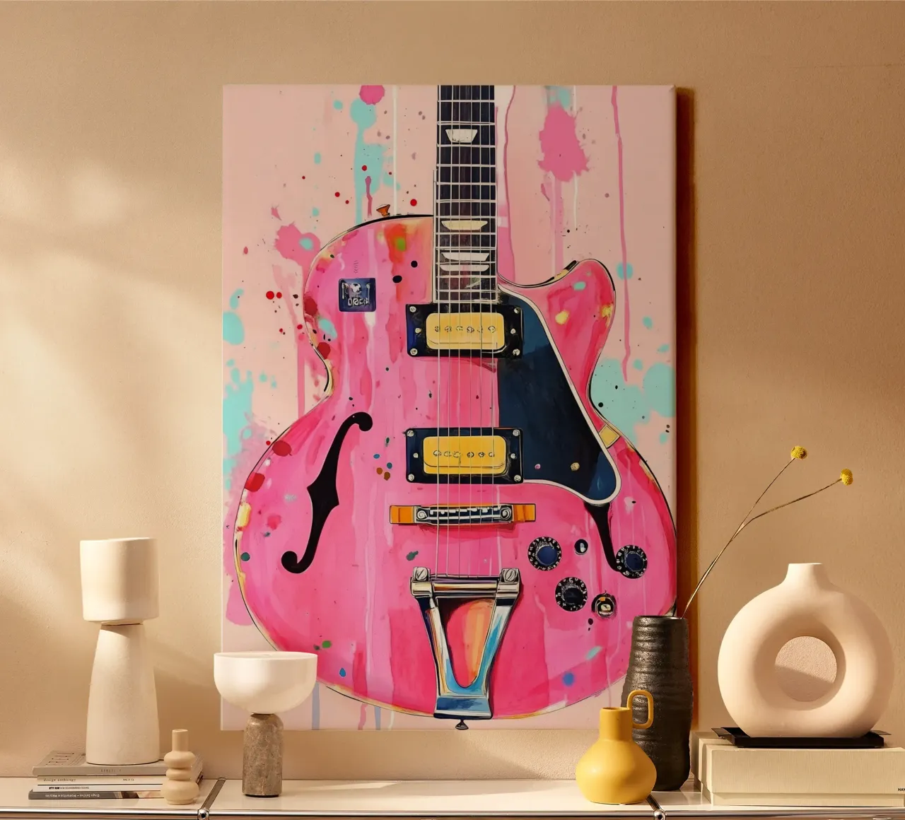 Chitarra acquerello rosa arte musicale tela con Cornice a cassetta da Justyna Jaszke JBJart