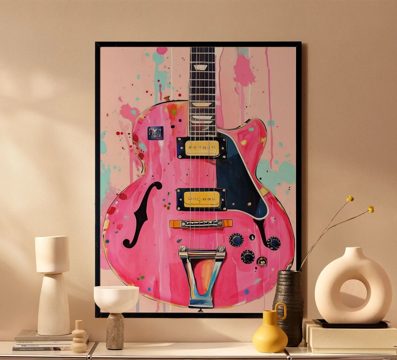 Pink watercolor guitar music art poster by Justyna Jaszke JBJart