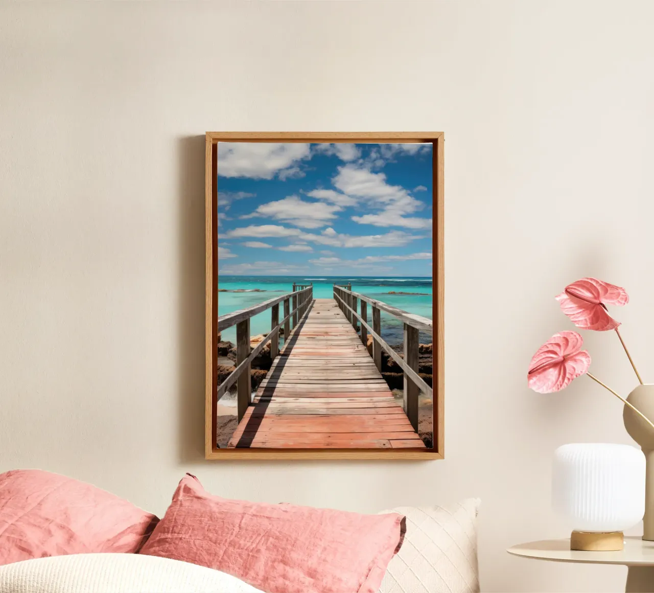 Passerella in legno verso il mare tela con Cornice a cassetta da PosterPrint