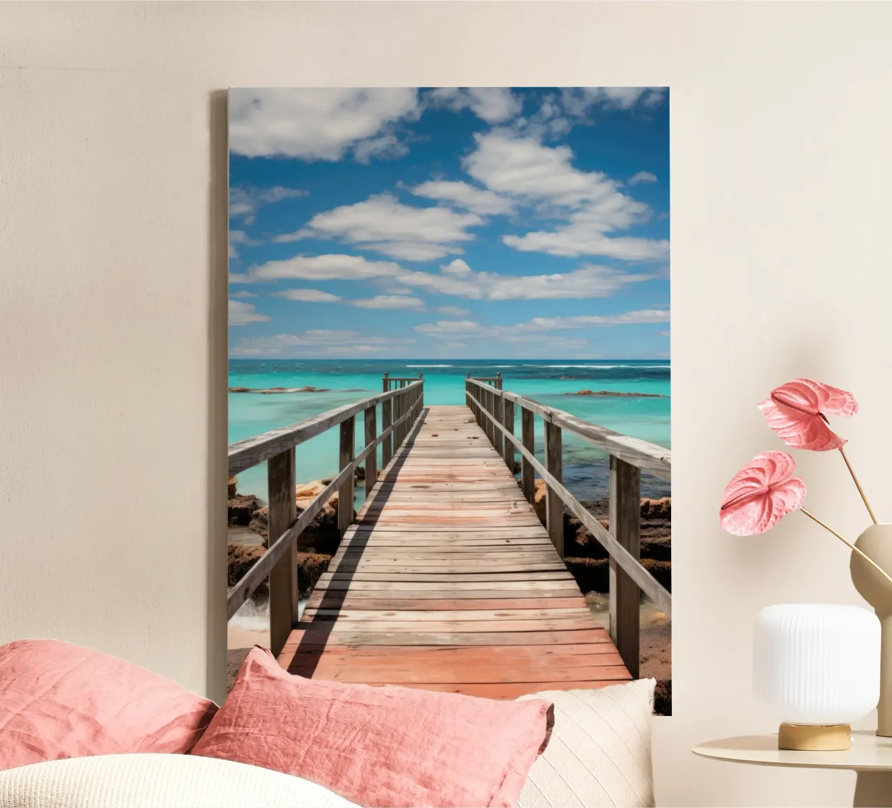 Passerella in legno verso il mare tela con Cornice a cassetta da PosterPrint