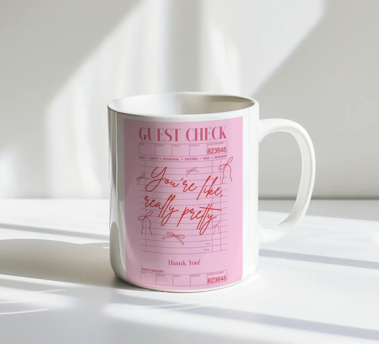 Pink Guest Check, Mean Girls Funny Poster, Pink Wall Art ceramic mug by Coquette Club