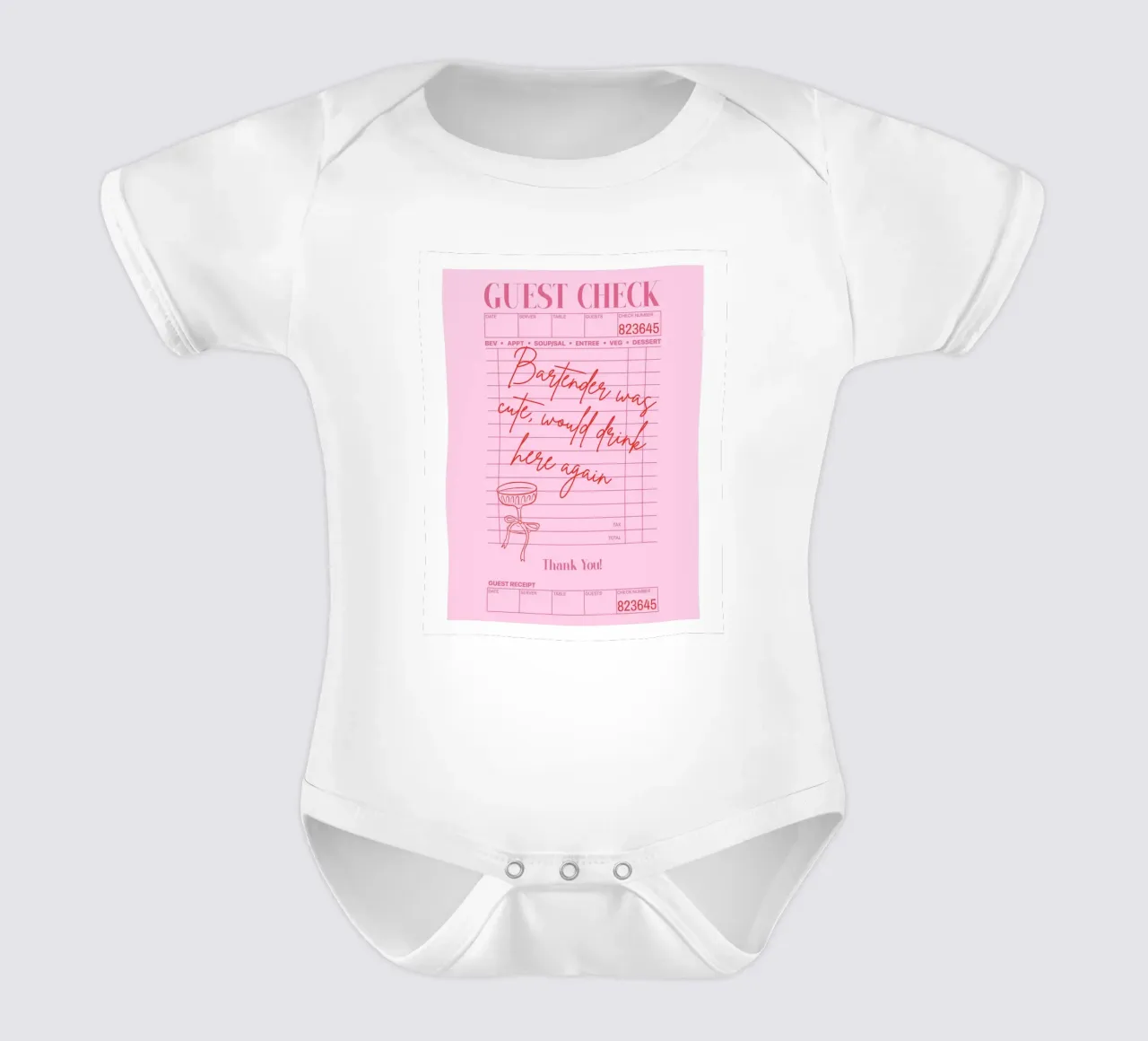 Guest Check Poster, Barkeeper Was Cute Print, rosa Wandkunst Kurzarm Babybody von Coquette Club