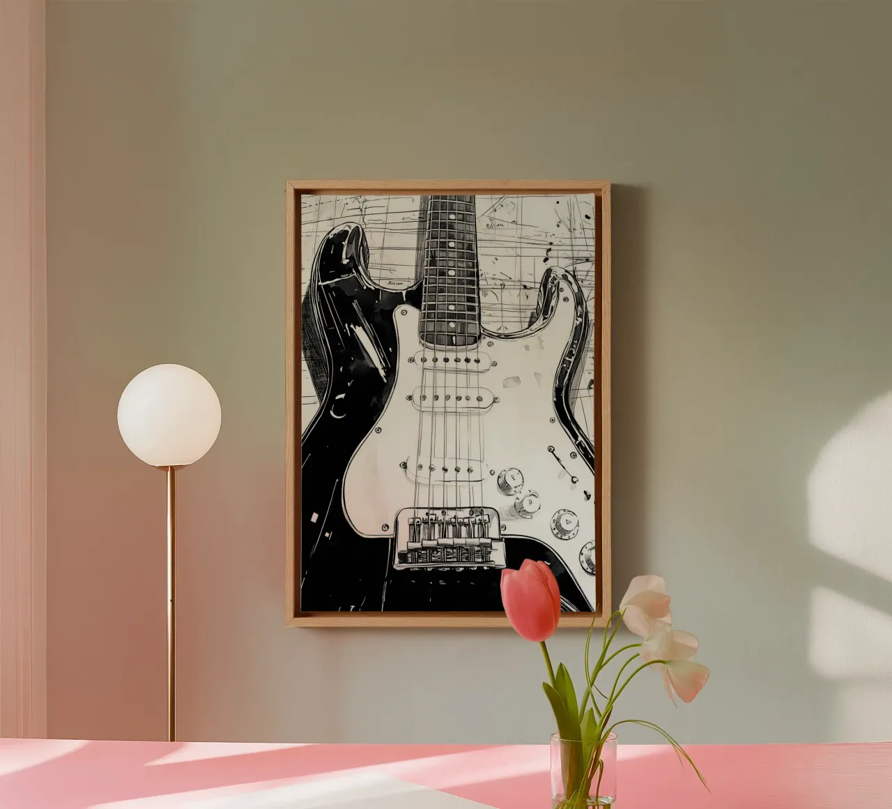 Arte musicale della chitarra in bianco e nero tela con Cornice a cassetta da Justyna Jaszke JBJart