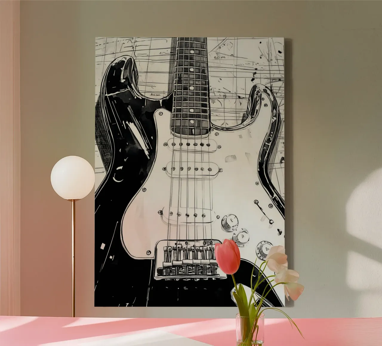 Arte musicale della chitarra in bianco e nero tela con Cornice a cassetta da Justyna Jaszke JBJart