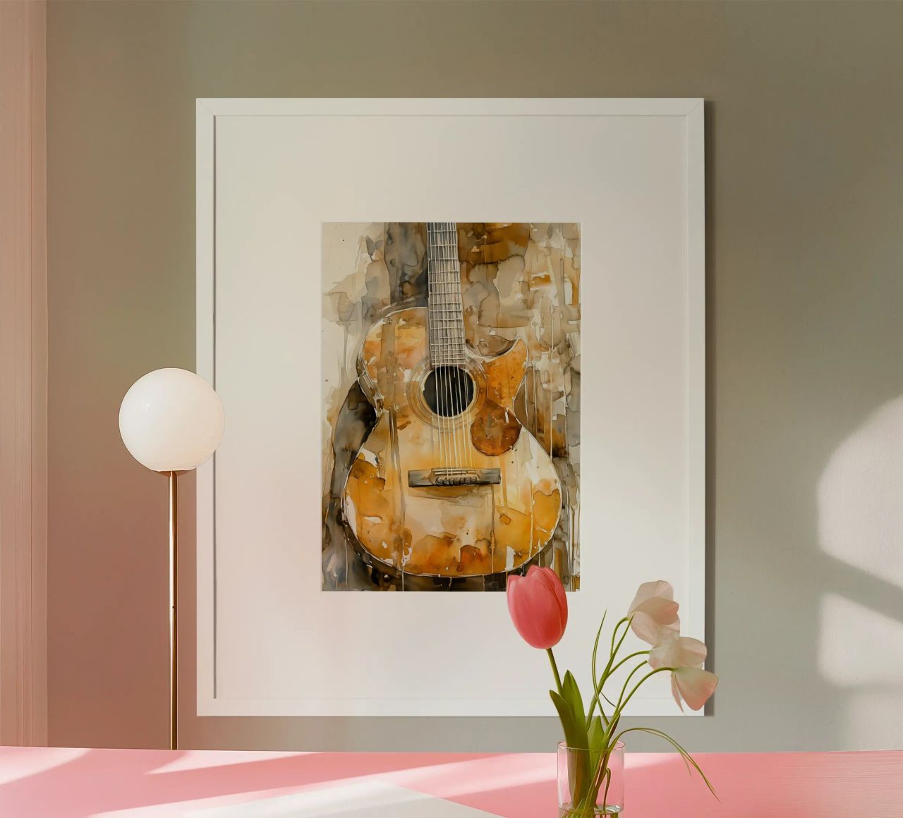 Brown watercolor guitar music art poster by Justyna Jaszke JBJart