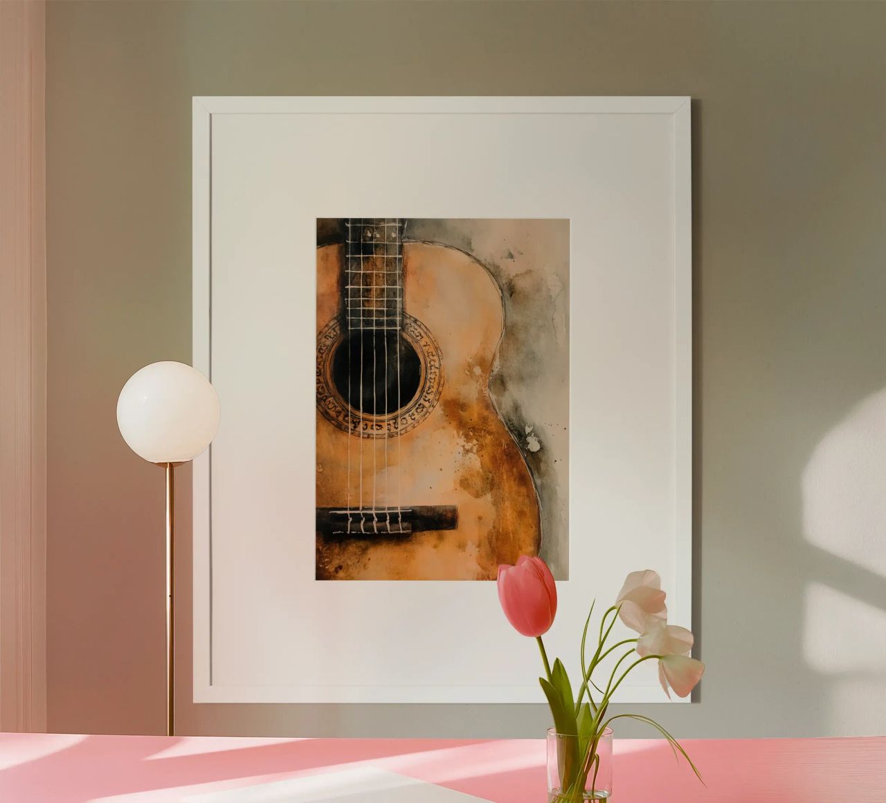 Watercolour flamenco guitar art poster by Justyna Jaszke JBJart