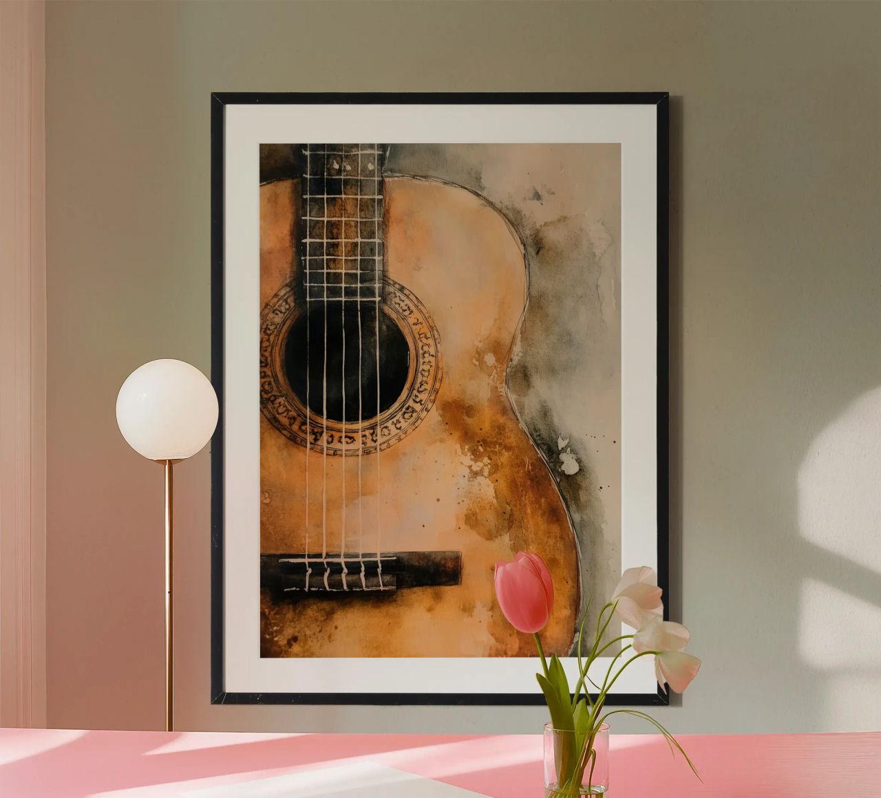 Watercolour flamenco guitar art poster by Justyna Jaszke JBJart