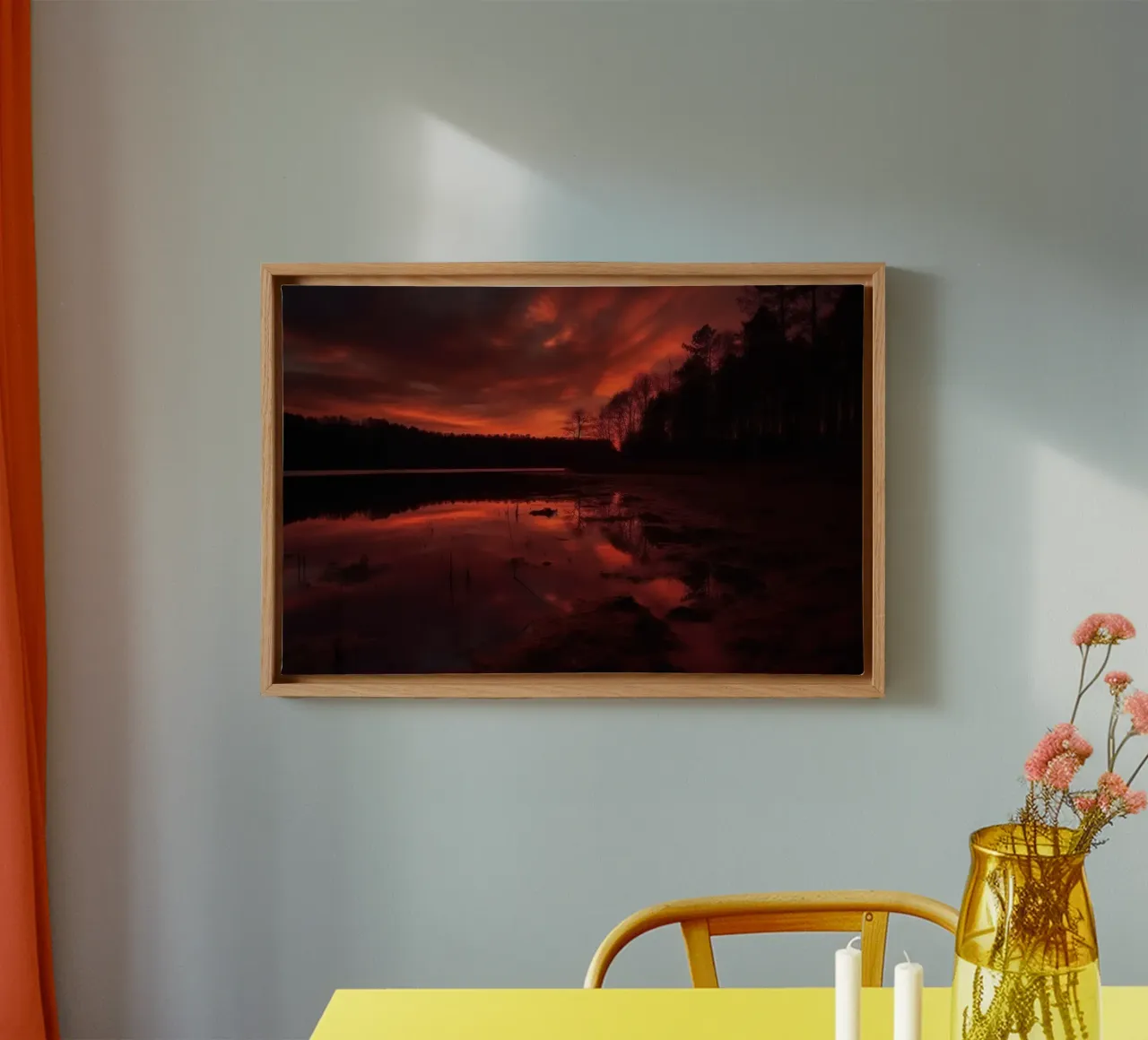 Red sky in the forest canvas with Floater frame by PosterPrint