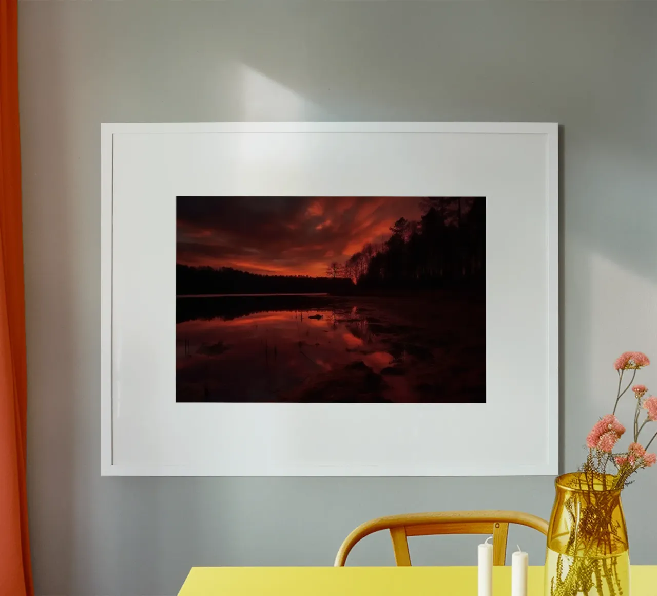 Cielo rosso nella foresta poster con telaio in plastica da PosterPrint
