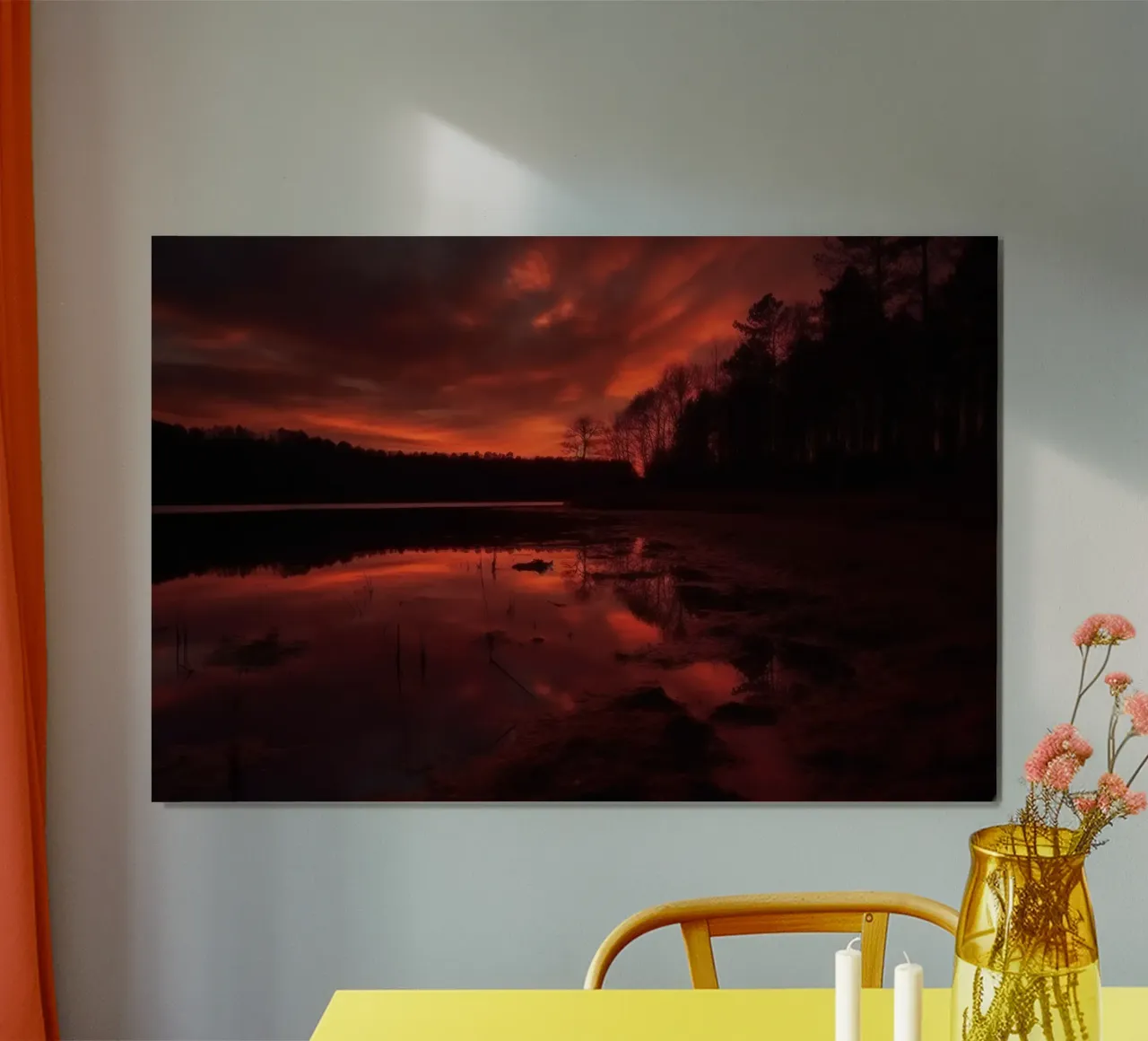 Cielo rosso nella foresta poster con telaio in plastica da PosterPrint