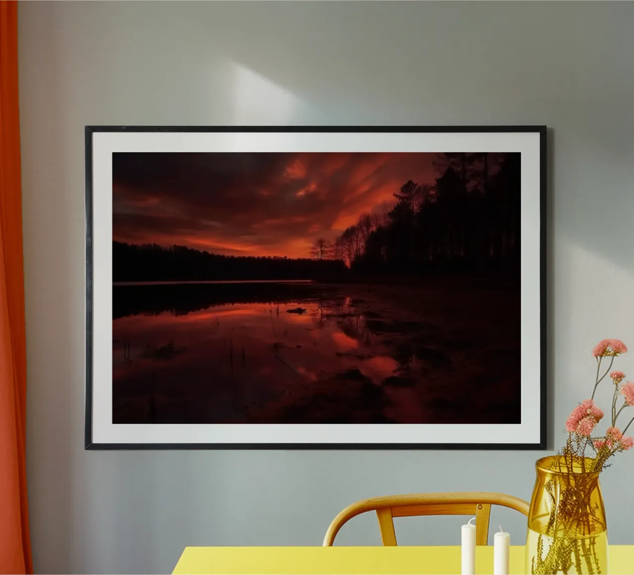 Cielo rosso nella foresta poster con telaio in plastica da PosterPrint