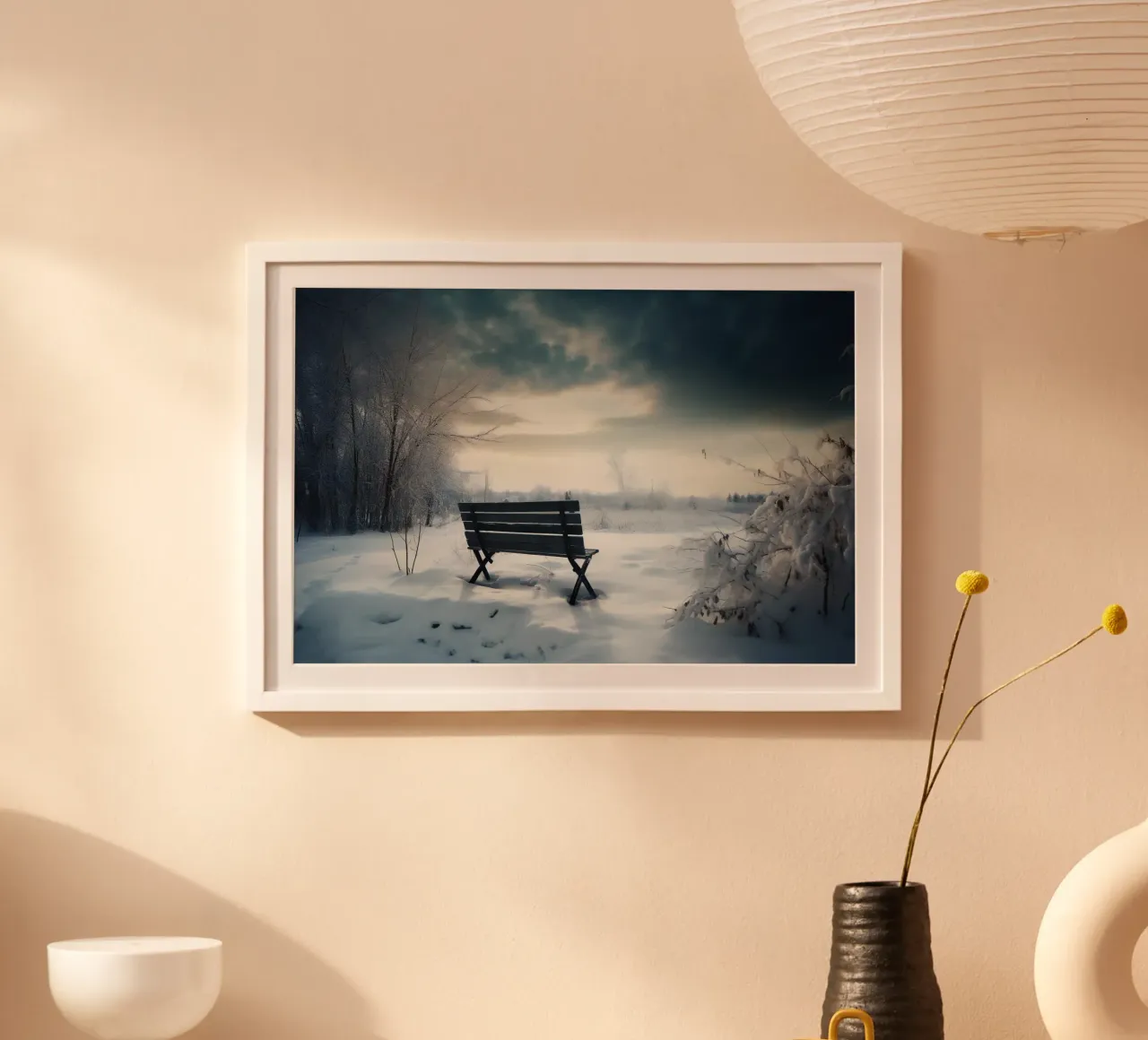 Panchina in un paesaggio invernale poster con telaio in plastica da PosterPrint