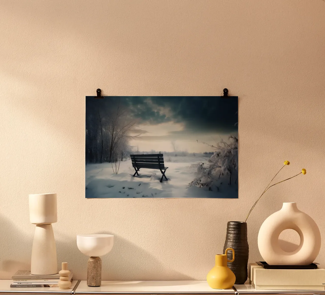Panchina in un paesaggio invernale poster con telaio in plastica da PosterPrint