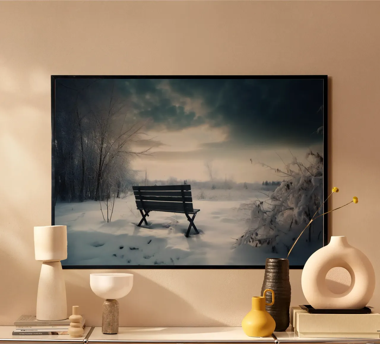 Panchina in un paesaggio invernale poster con telaio in plastica da PosterPrint