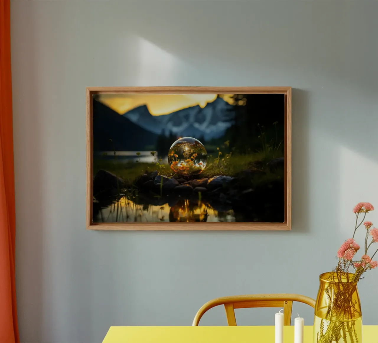 Landschap in de glazen bol canvas met Baklijst van PosterPrint
