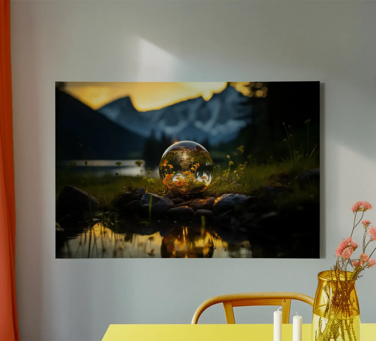Landschap in de glazen bol canvas met Baklijst van PosterPrint