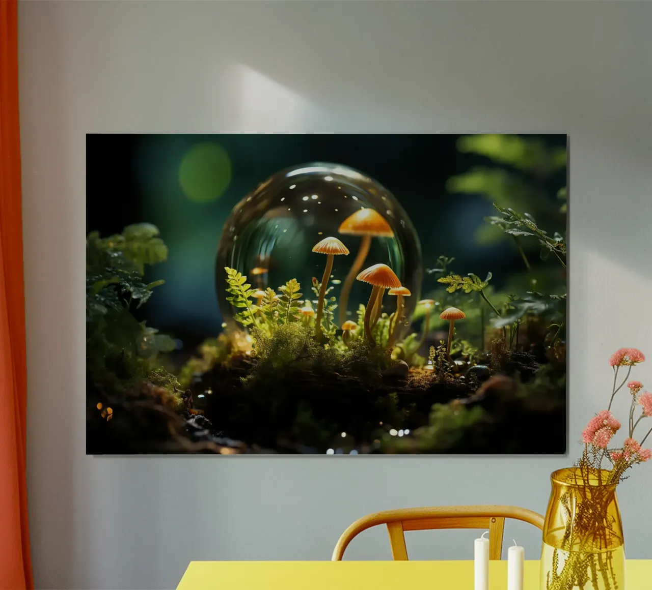 Champignons dans une boule de verre poster avec cadre en plastique de PosterPrint