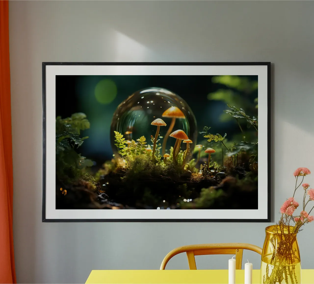 Champignons dans une boule de verre poster avec cadre en plastique de PosterPrint