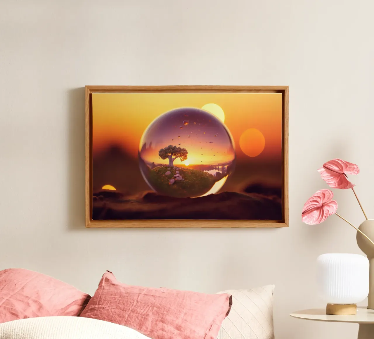 Glazen bol met minilandschap canvas met Baklijst van PosterPrint