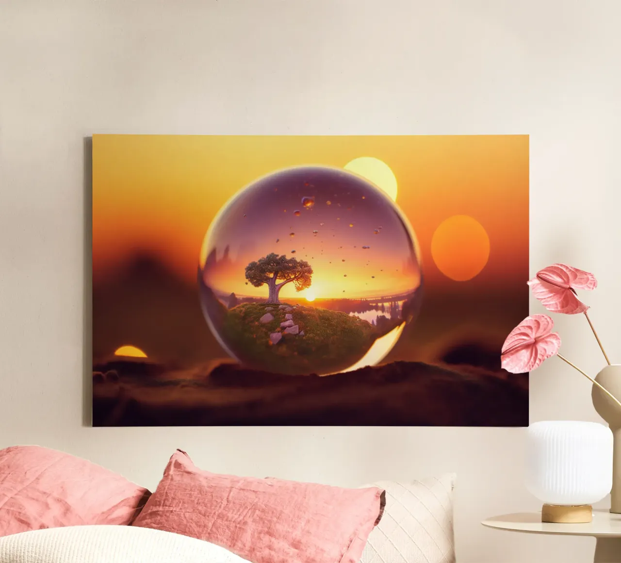 Glazen bol met minilandschap canvas met Baklijst van PosterPrint