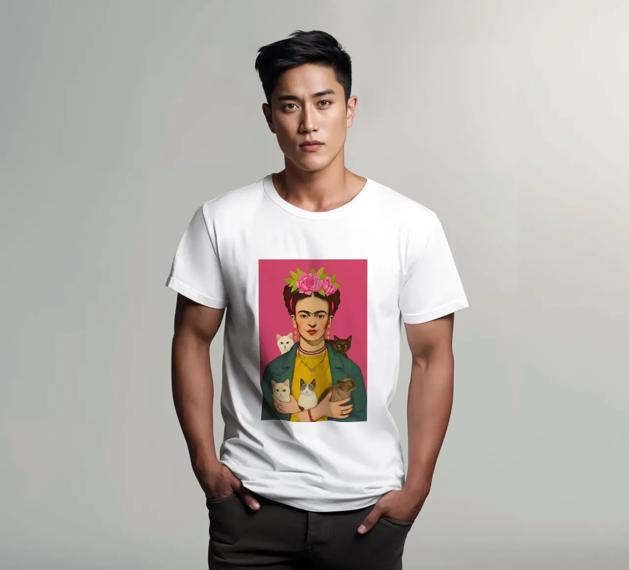 Frida con i cuccioli di gatto t-shirt da Carinaprint