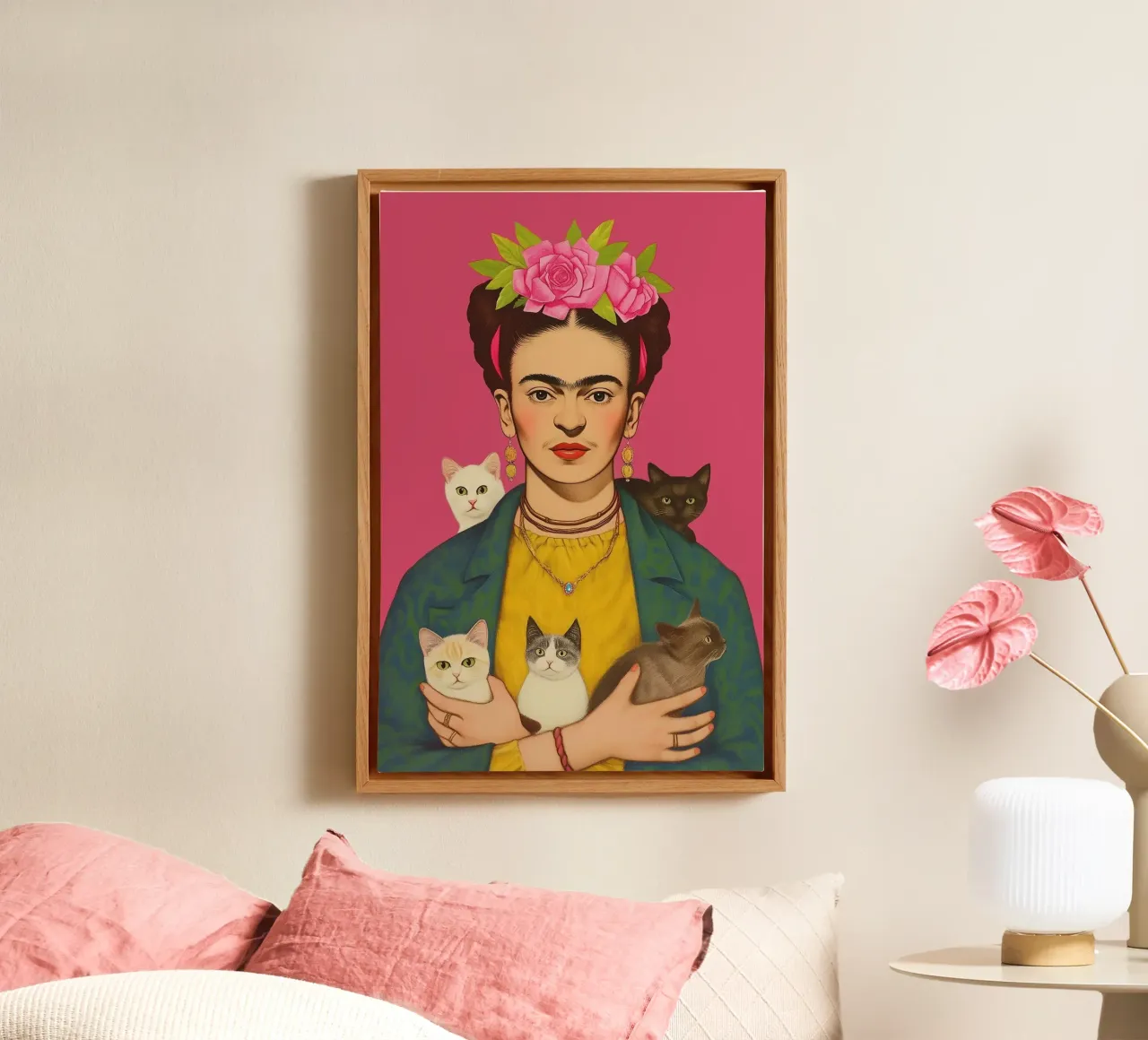 Frida con i cuccioli di gatto tela con Cornice a cassetta da Carinaprint