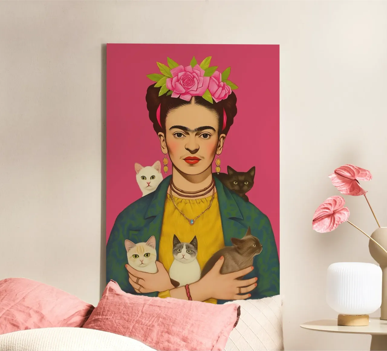 Frida con i cuccioli di gatto tela con Cornice a cassetta da Carinaprint
