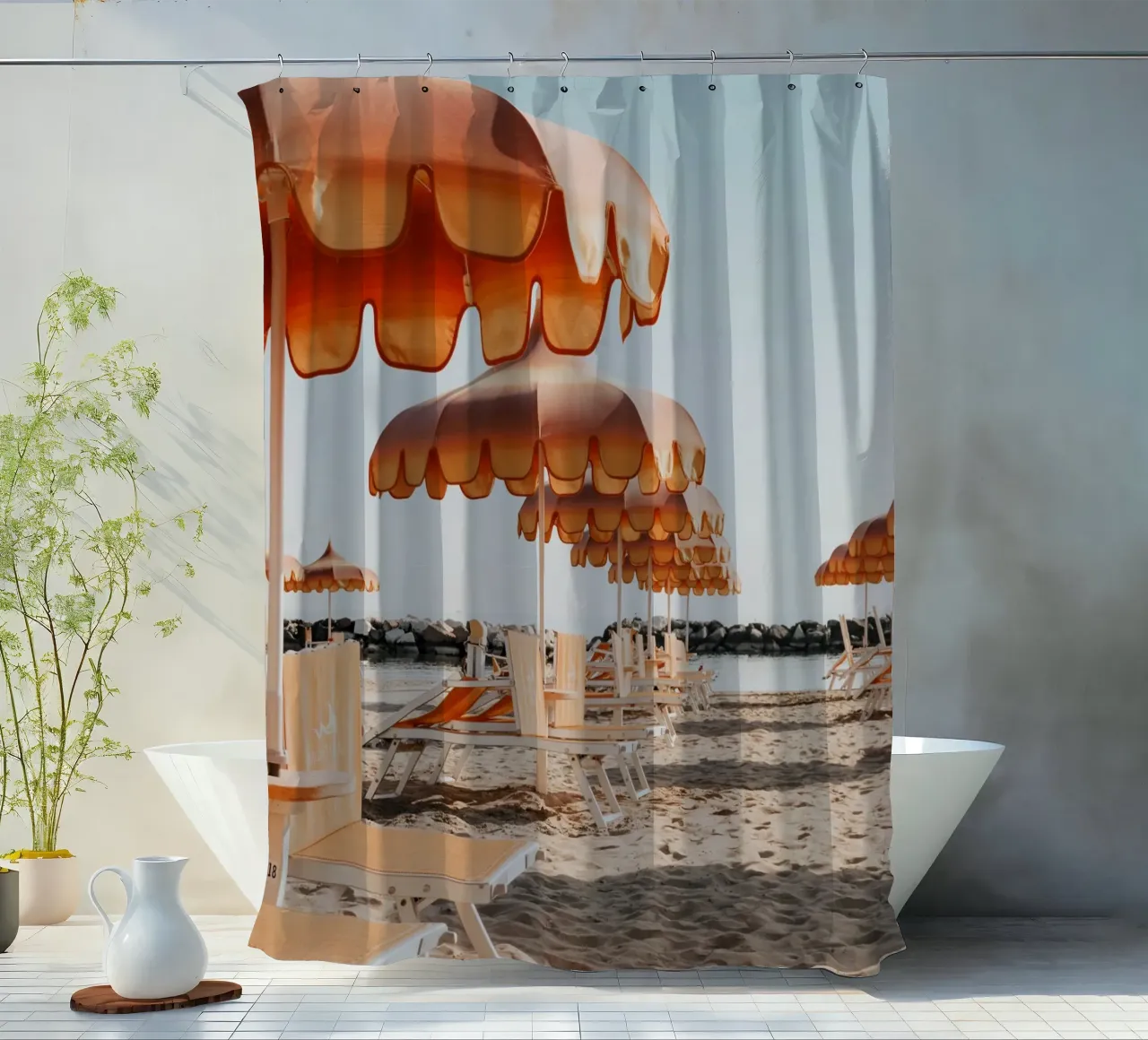 Retro Italian Beach Print, Umbrella Beach Poster shower curtain by TheTravelClub