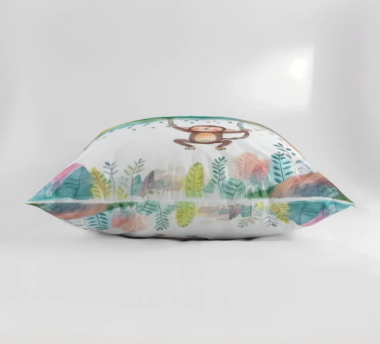Playful Monkey Swinging in Jungle – Whimsical Nursery Art decorative cushion by HoneyDesignsByK