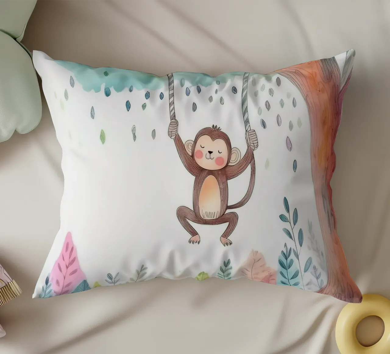 Playful Monkey Swinging in Jungle – Whimsical Nursery Art decorative cushion by HoneyDesignsByK