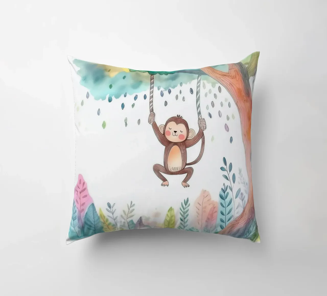 Playful Monkey Swinging in Jungle – Whimsical Nursery Art decorative cushion by HoneyDesignsByK