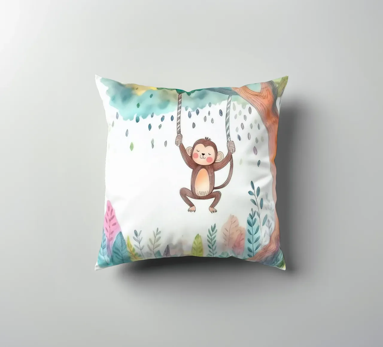 Playful Monkey Swinging in Jungle – Whimsical Nursery Art decorative cushion by HoneyDesignsByK