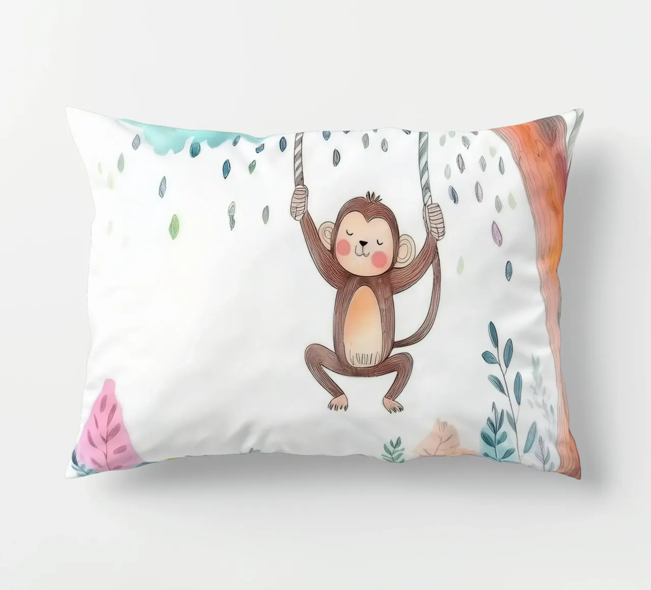Playful Monkey Swinging in Jungle – Whimsical Nursery Art decorative cushion by HoneyDesignsByK