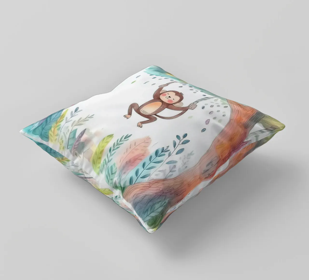 Playful Monkey Swinging in Jungle – Whimsical Nursery Art decorative cushion by HoneyDesignsByK