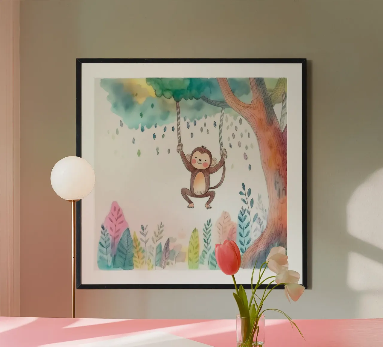 Verspielter Affe schwingt im Dschungel - Skurrile Kinderzimmer Kunst Poster mit Kunststoffrahmen von HoneyDesignsByK