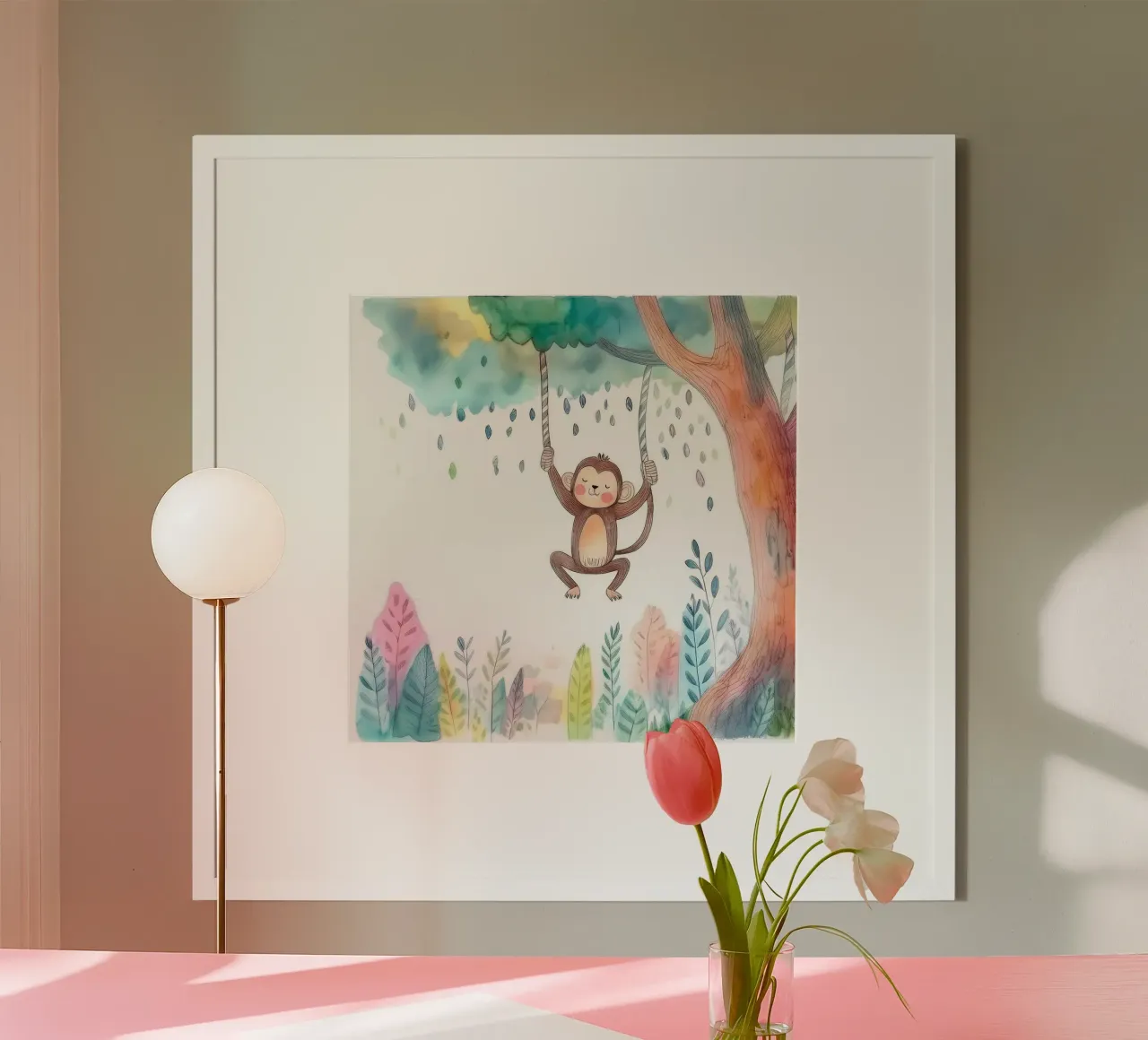 Verspielter Affe schwingt im Dschungel - Skurrile Kinderzimmer Kunst Poster mit Kunststoffrahmen von HoneyDesignsByK