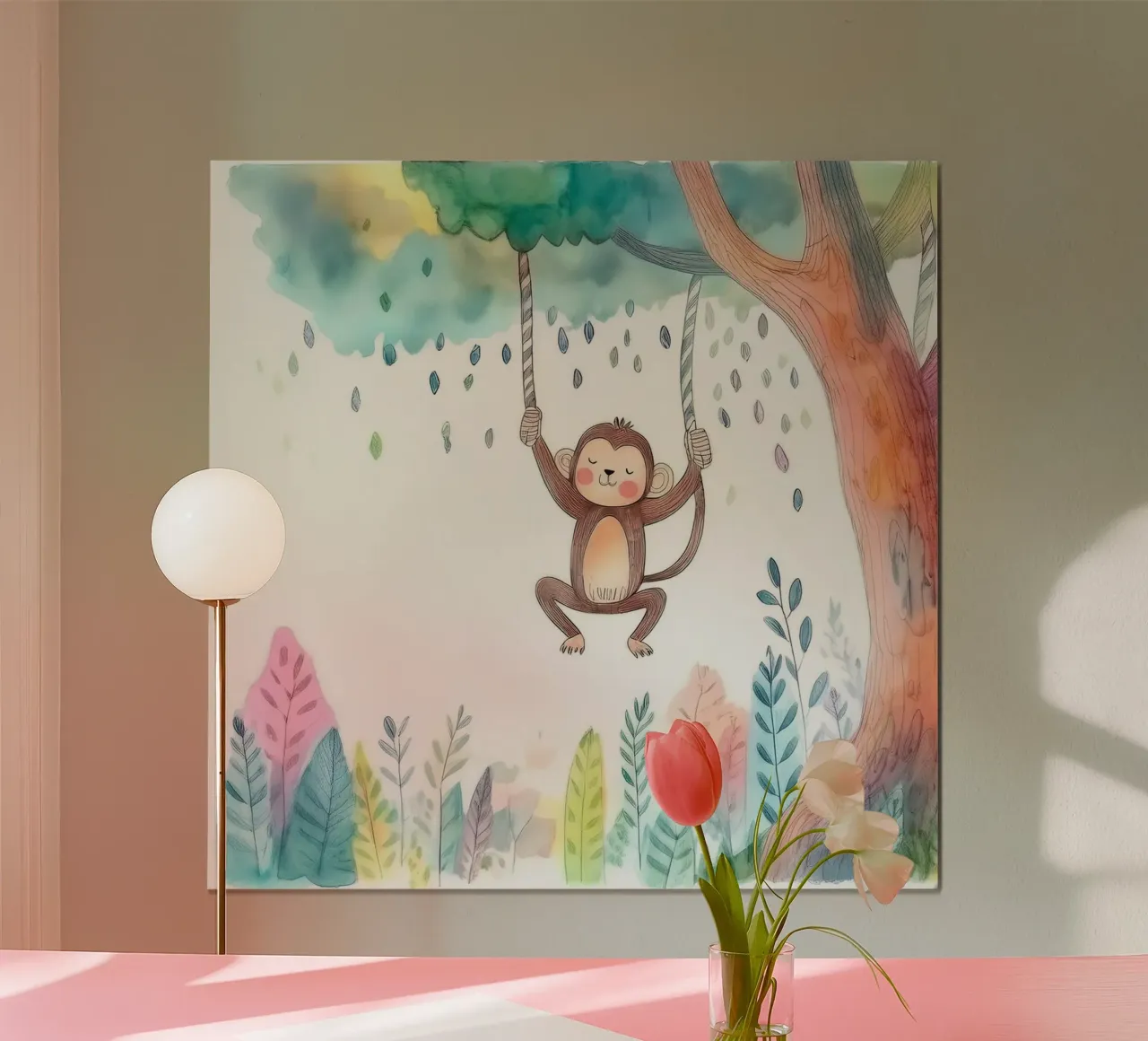 Verspielter Affe schwingt im Dschungel - Skurrile Kinderzimmer Kunst Poster mit Kunststoffrahmen von HoneyDesignsByK
