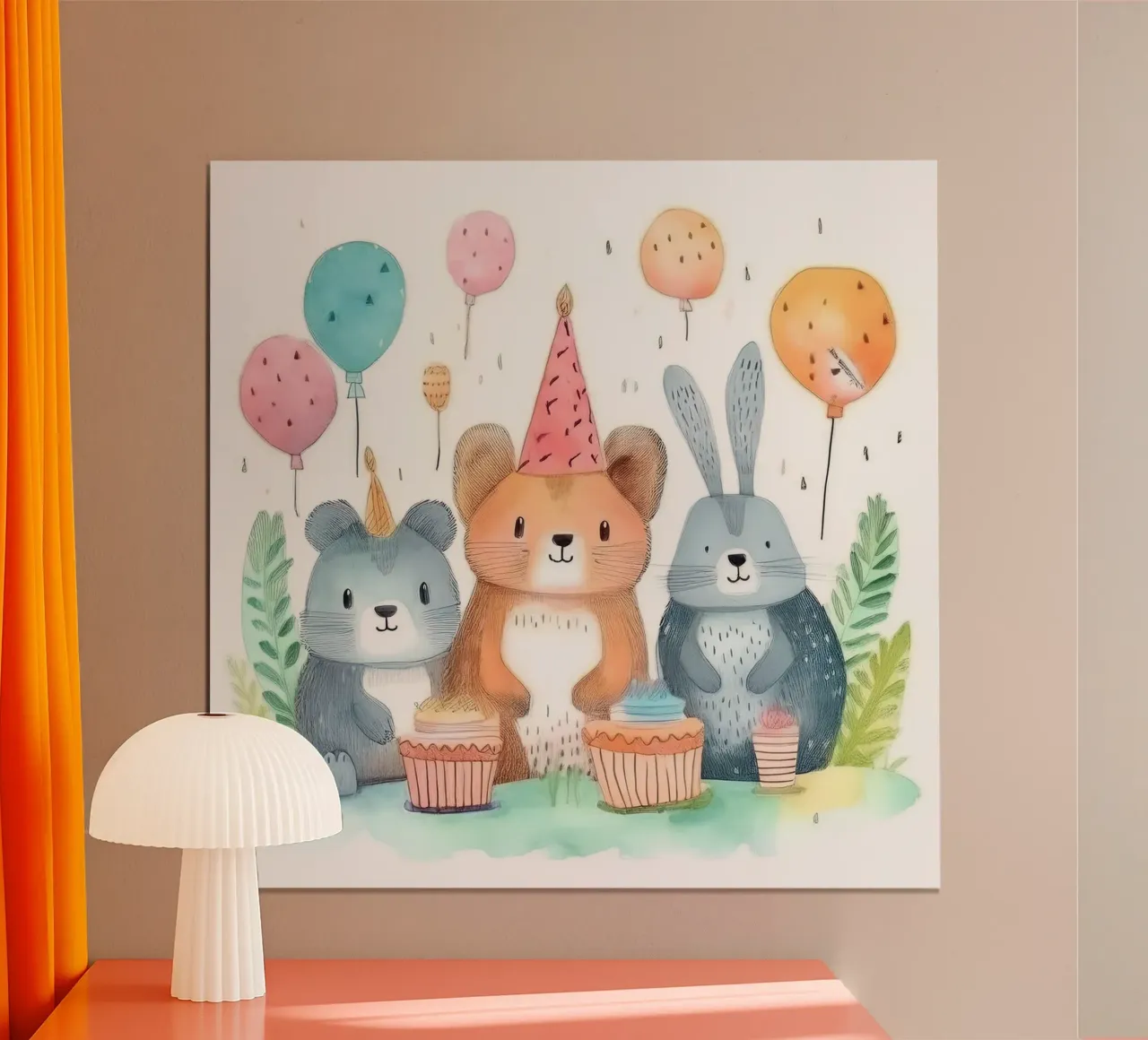 Schattig verjaardagsfeestje met dieren - Whimsical Nursery Print hahnemühle van HoneyDesignsByK