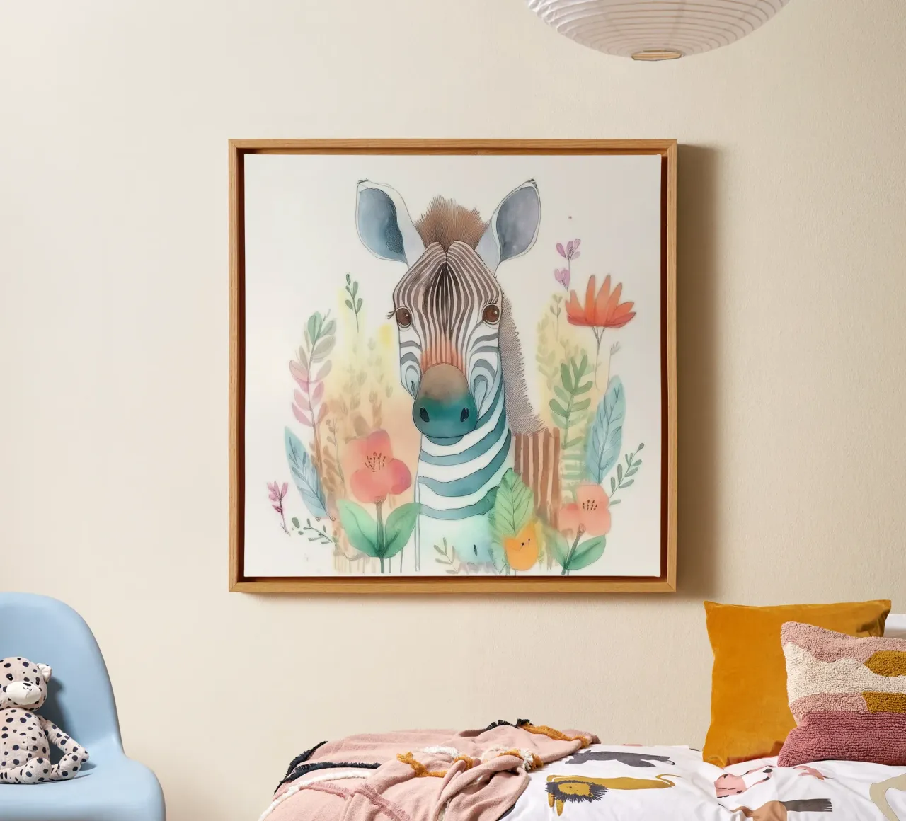 Whimsical Zebra in Floral Wonderland – Nursery Wall Art canvas with Floater frame by HoneyDesignsByK